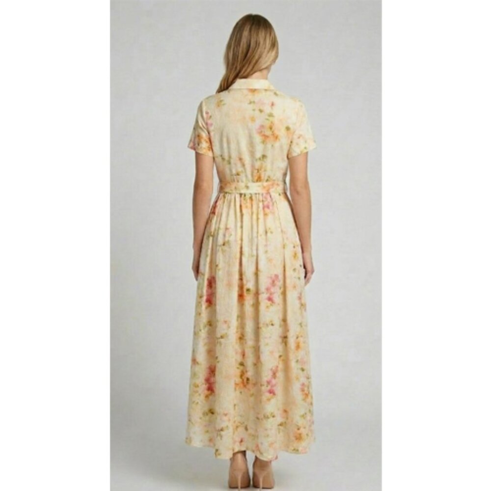 MA06. Yellow Watercolor Floral Button Front Maxi Dress With Belt - Picture 2 of 2